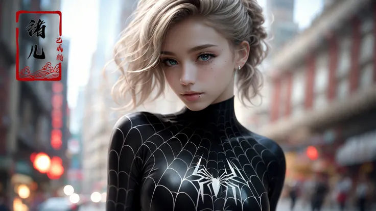 blury background,depth of field,
black Spider Man costume,1gir, solo,lips, (shiny skin:1.5)skin tight, mole under eye, blonde hair,
spider web print, gloves
<lora:~Q?-O black Spider Man costume:0.8>