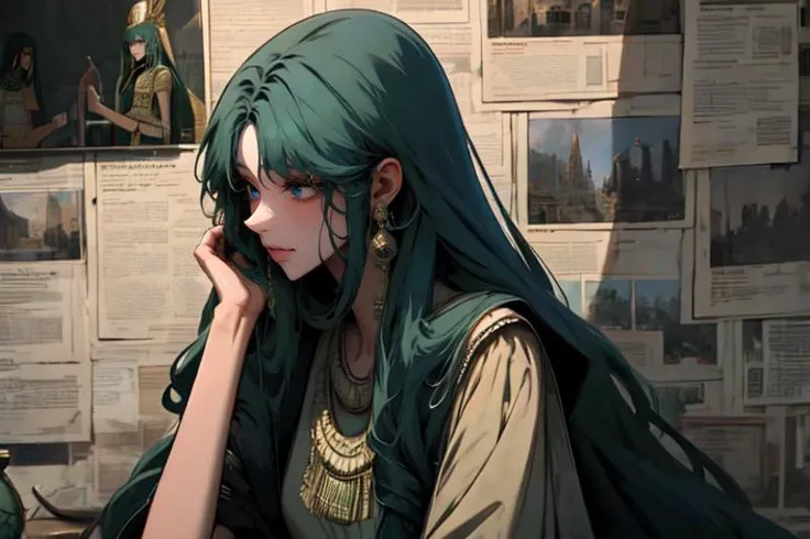 highly insanely detailed, masterpiece, top quality, best quality, highres, 4k, 8k, RAW photo, (very aesthetic, beautiful and aesthetic), <lora:gangfeng:1>, profile, 1girl, (blue eyes)    , absurdly long hair,emerald green hair, parted bangs,blunt bangs , yellow clothes, ((ancient egyptian theme)), golden ornaments, ancient egyptian sailor_shirt, ancient egyptian pleated_skirt, bowtie, (wavy mouth:1.4), mahogany lips, , head rest on hand, head_on_hand, head_rest, dark background,, (fantasy world)