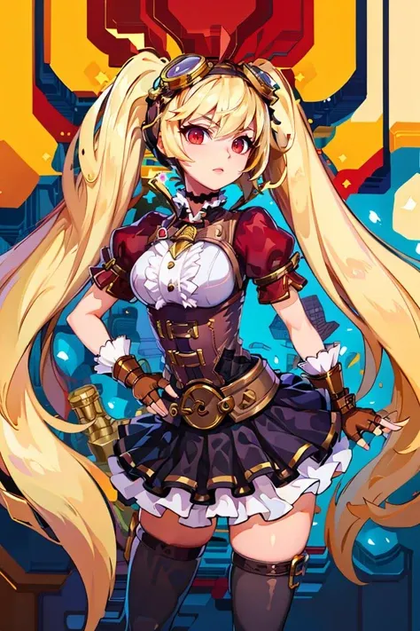 <lora:Harada_Takehito_Background_Dim32:0.8>,((masterpiece,best quality)), absurdres,  <lora:Layla_ML_v2:0.8>, Layla_ML,  solo, 1girl, twintails, blonde, blonde hair, long hair, very long hair, red eyes, goggles, goggles on head, gloves, thighhighs, skirt, short sleeves, fingerless gloves, puffy sleeves, brown gloves, puffy short sleeves,