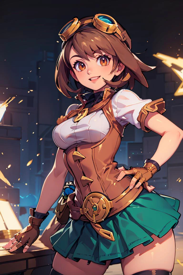<lora:Bold_CAT:0.5>, ((masterpiece, best quality)), <lora:Gloria_Pokemon:0.8>, gloria (pokemon), brown eyes, brown hair, short hair,( green skirt:1.2),
<lora:Layla_ML_v2:0.7>, solo, 1girl, goggles, goggles on head, gloves, thighhighs, skirt, short sleeves, fingerless gloves, puffy sleeves, brown gloves, puffy short sleeves, solo, smiling, looking at viewer, hand on hip, contrapposto,