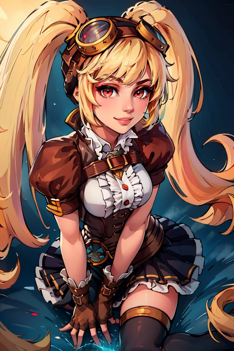 ((masterpiece,best quality)), absurdres, <lora:Layla_ML_v2:0.8>, Layla_ML, solo, 1girl, twintails, blonde, blonde hair, long hair, very long hair, red eyes, goggles, goggles on head, gloves, thighhighs, skirt, short sleeves, fingerless gloves, puffy sleeves, brown gloves, puffy short sleeves, solo, smiling, looking at viewer, sitting, looking up, from above