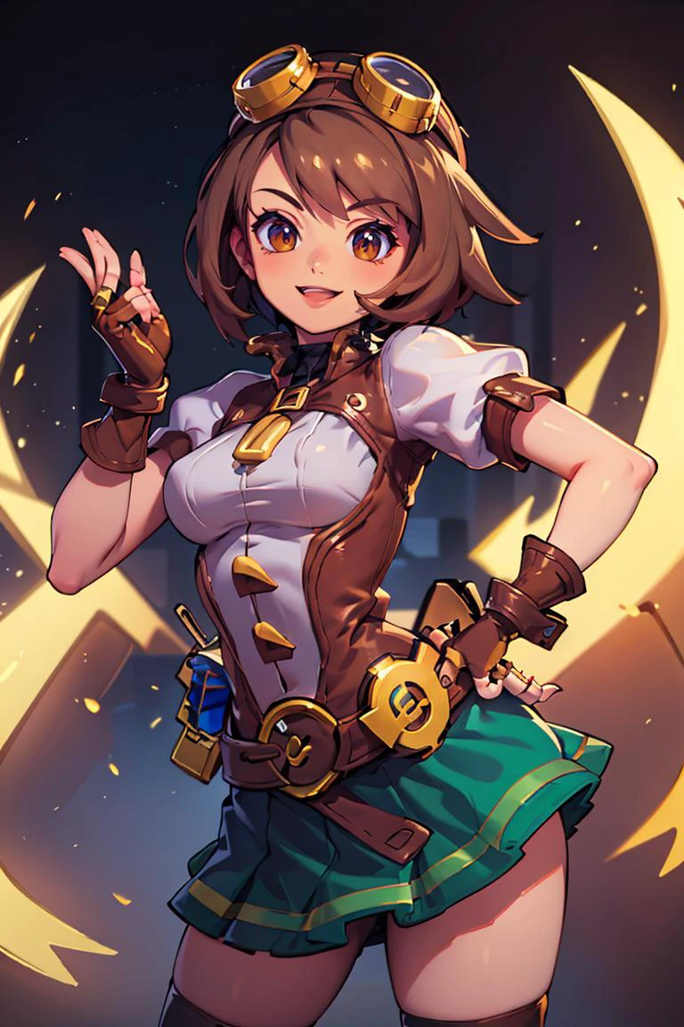 <lora:Bold_CAT:0.5>, ((masterpiece, best quality)), <lora:Gloria_Pokemon:0.8>, gloria (pokemon), brown eyes, brown hair, short hair,( green skirt:1.2),
<lora:Layla_ML_v2:0.7>, solo, 1girl, goggles, goggles on head, gloves, thighhighs, skirt, short sleeves, fingerless gloves, puffy sleeves, brown gloves, puffy short sleeves, solo, smiling, looking at viewer, hand on hip, contrapposto,