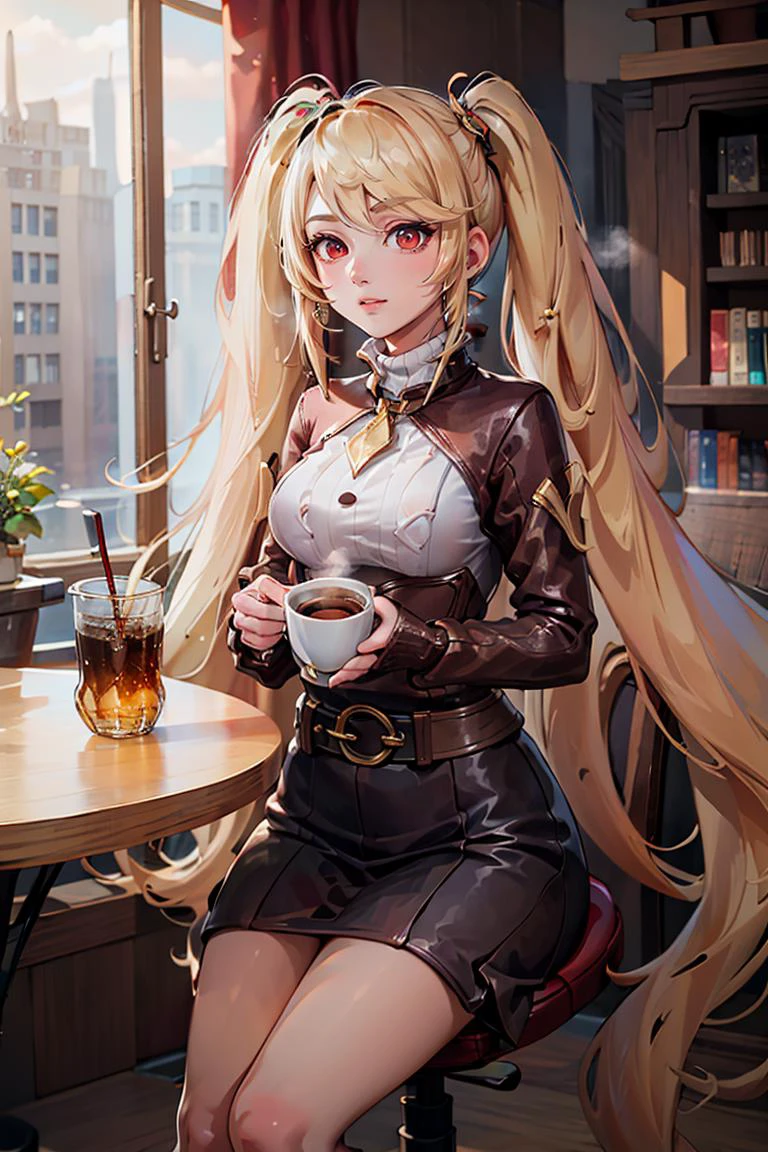 ((masterpiece,best quality)), absurdres, <lora:Layla_ML_v2:0.8>, Layla_ML, solo, 1girl, twintails, blonde, blonde hair, long hair, very long hair, red eyes, turtleneck sweater, earrings, library, cup of steaming coffee, sitting at table