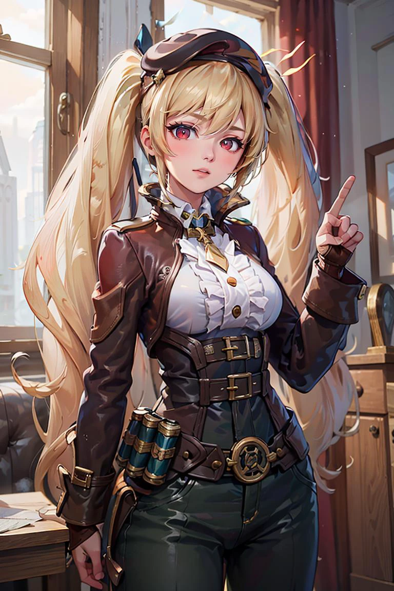 ((masterpiece,best quality)), absurdres, <lora:Layla_ML_v2:0.7>, Layla_ML, solo, 1girl, twintails, blonde, blonde hair, long hair, very long hair, red eyes, military uniform, military, soldier, belt, green pants, beret, brown jacket, world war ii, war, military vehicle, battlefield, battle, dust