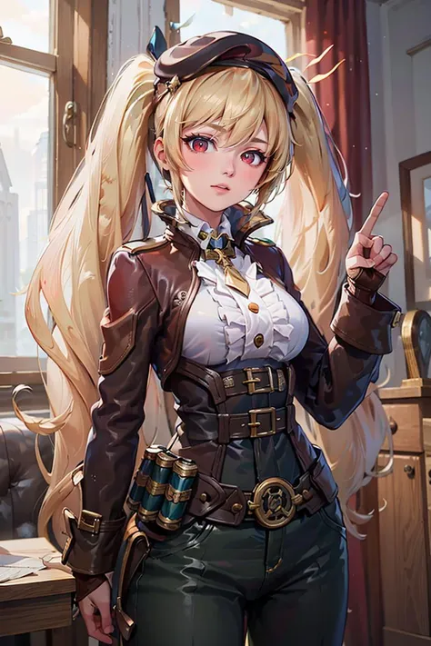 ((masterpiece,best quality)), absurdres, <lora:Layla_ML_v2:0.7>, Layla_ML,  solo, 1girl, twintails, blonde, blonde hair, long hair, very long hair, red eyes, military uniform, military, soldier, belt, green pants, beret, brown jacket, world war ii, war, military vehicle, battlefield, battle, dust