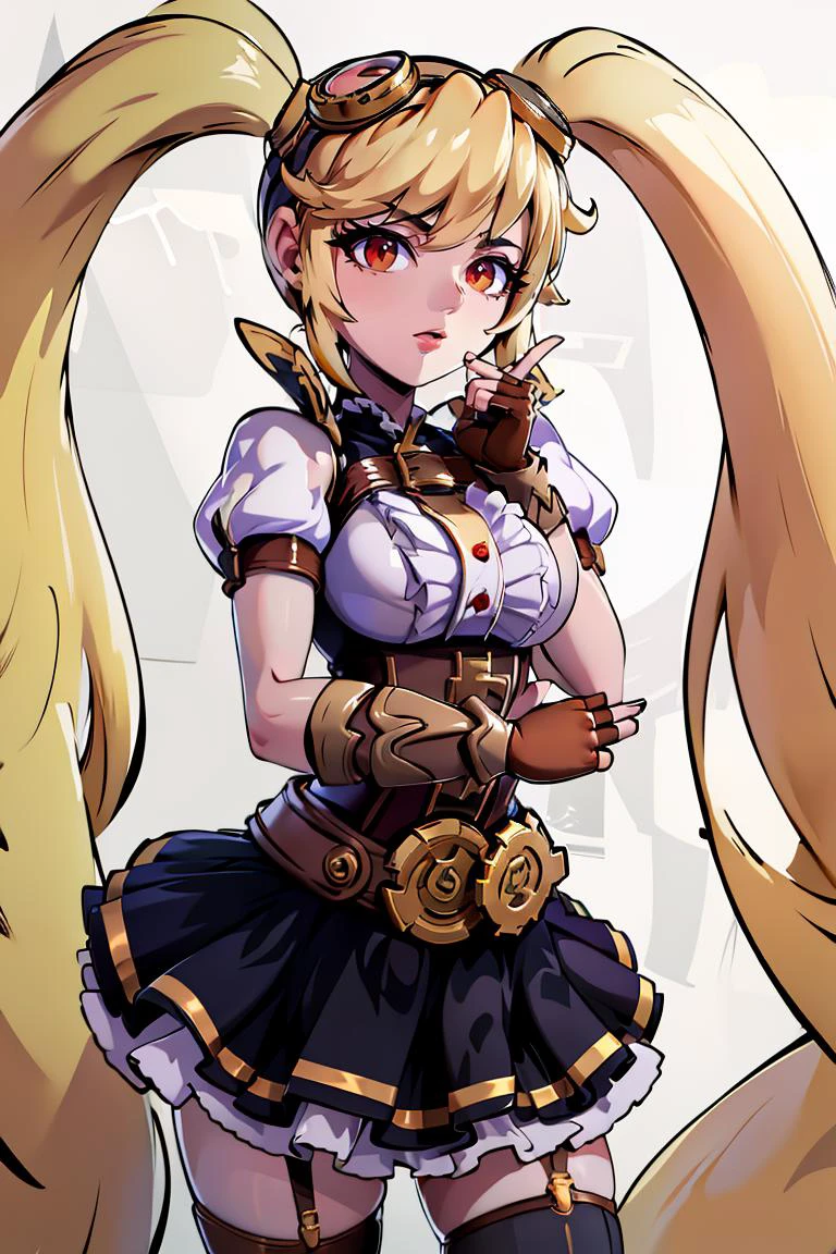 <lora:Bigdead_Style_Dim32:0.8>,((masterpiece,best quality)), absurdres, <lora:Layla_ML_v2:0.8>, Layla_ML, solo, 1girl, twintails, blonde, blonde hair, long hair, very long hair, red eyes, goggles, goggles on head, gloves, thighhighs, skirt, short sleeves, fingerless gloves, puffy sleeves, brown gloves, puffy short sleeves,