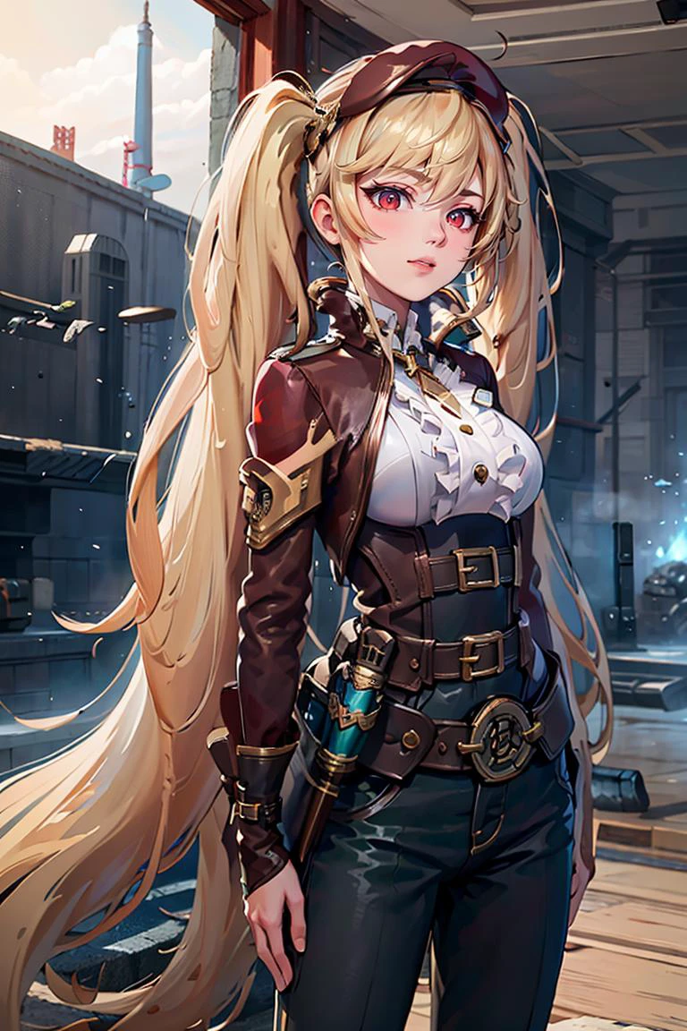 ((masterpiece,best quality)), absurdres, <lora:Layla_ML_v2:0.8>, Layla_ML, solo, 1girl, twintails, blonde, blonde hair, long hair, very long hair, red eyes, military uniform, military, soldier, belt, green pants, beret, brown jacket, world war ii, war, military vehicle, battlefield, battle, dust