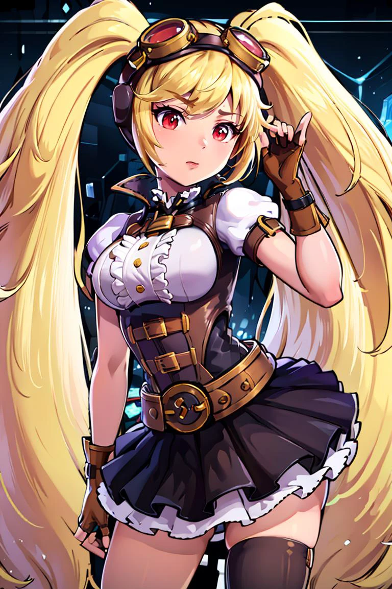 <lora:Gamma:0.8>,((masterpiece,best quality)), absurdres, <lora:Layla_ML_v2:0.8>, Layla_ML, solo, 1girl, twintails, blonde, blonde hair, long hair, very long hair, red eyes, goggles, goggles on head, gloves, thighhighs, skirt, short sleeves, fingerless gloves, puffy sleeves, brown gloves, puffy short sleeves,