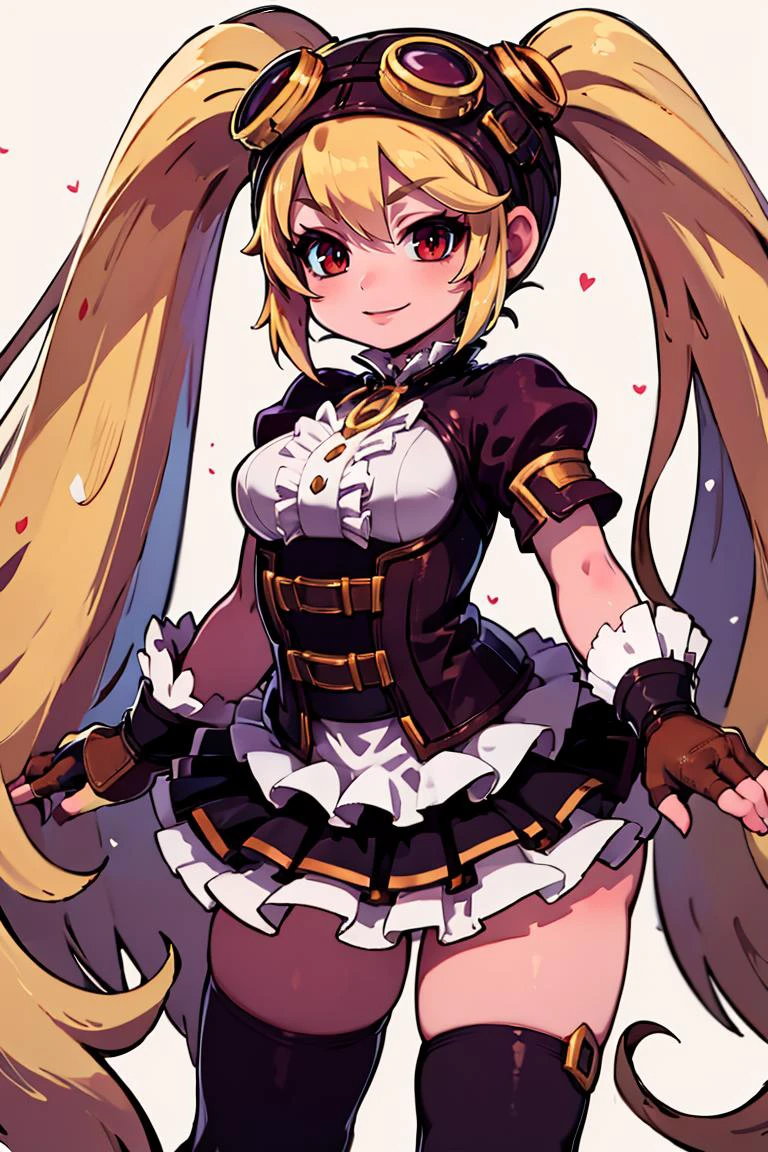 <lora:Zankuro_Style_v4:0.8>,
((masterpiece,best quality)), absurdres,
medium breasts,
<lora:Layla_ML_v2:0.8>, Layla_ML, solo, 1girl, twintails, blonde, blonde hair, long hair, very long hair, red eyes, goggles, goggles on head, gloves, thighhighs, skirt, short sleeves, fingerless gloves, puffy sleeves, brown gloves, puffy short sleeves, solo, smiling, looking at viewer,