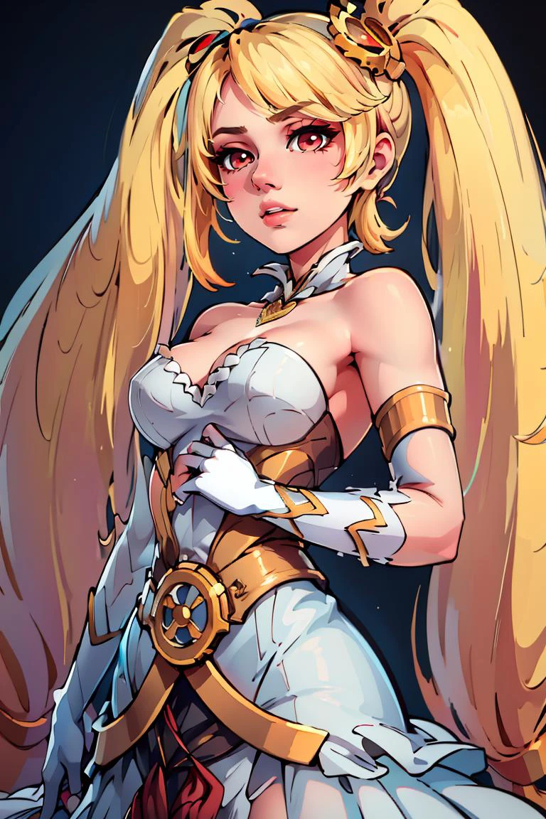((masterpiece,best quality)), absurdres, <lora:Layla_ML_v2:0.8>, Layla_ML, solo, 1girl, twintails, blonde, blonde hair, long hair, very long hair, red eyes, bride, wedding dress, bridal veil, strapless dress, elbow gloves,