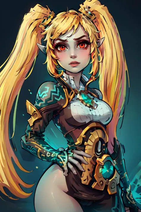 ((masterpiece,best quality)), absurdres, <lora:Layla_ML_v2:0.8>, Layla_ML, solo, 1girl, twintails, blonde, blonde hair, long hair, very long hair, red eyes,<lora:Twilight_Theme_Zelda_Anime:0.8>, (Twilight_Theme_Zelda), glow, glowing, green glow, dark skin, grey skin, green tattoo, pointy ears, looking at viewer, cowboy shot,