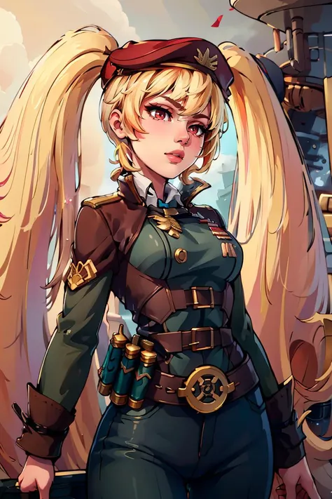 ((masterpiece,best quality)), absurdres, <lora:Layla_ML_v2:0.8>, Layla_ML, solo, 1girl, twintails, blonde, blonde hair, long hair, very long hair, red eyes, military uniform, military, soldier, belt, green pants, beret, brown jacket, world war ii, war, military vehicle, battlefield, battle, dust