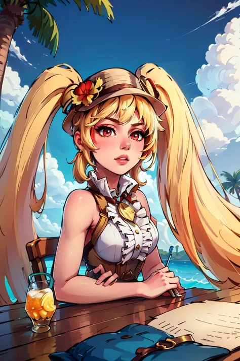 ((masterpiece,best quality)), absurdres, <lora:Layla_ML_v2:0.8>, Layla_ML, solo, 1girl, twintails, blonde, blonde hair, long hair, very long hair, red eyes,sitting at table, vivid detailed tropical drink, two straws, white sundress, sun hat, flowing winds, sunny, outdoors, upper body,