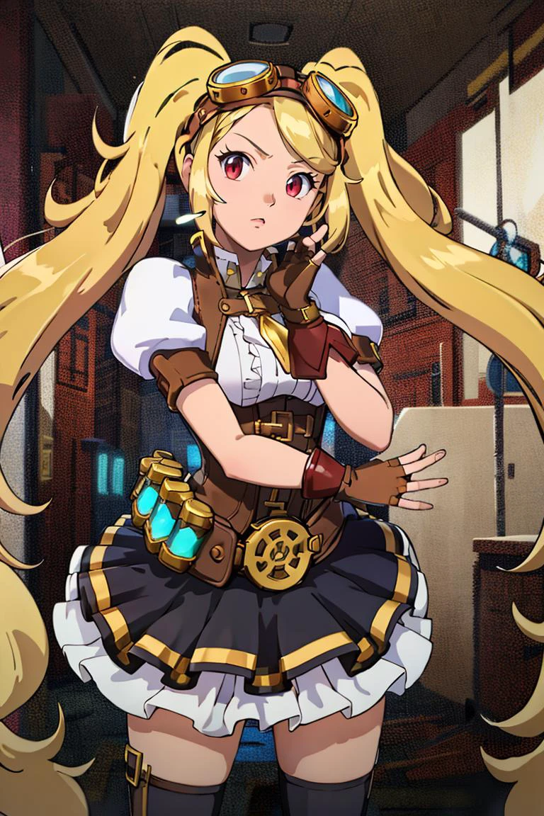 <lora:noelia_ponce_style:0.8>,((masterpiece,best quality)), absurdres, <lora:Layla_ML_v2:0.8>, Layla_ML, solo, 1girl, twintails, blonde, blonde hair, long hair, very long hair, red eyes, goggles, goggles on head, gloves, thighhighs, skirt, short sleeves, fingerless gloves, puffy sleeves, brown gloves, puffy short sleeves,