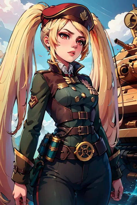 ((masterpiece,best quality)), absurdres, <lora:Layla_ML_v2:0.7>, Layla_ML, solo, 1girl, twintails, blonde, blonde hair, long hair, very long hair, red eyes, military uniform, military, soldier, belt, green pants, beret, brown jacket, world war ii, war, military vehicle, battlefield, battle, dust