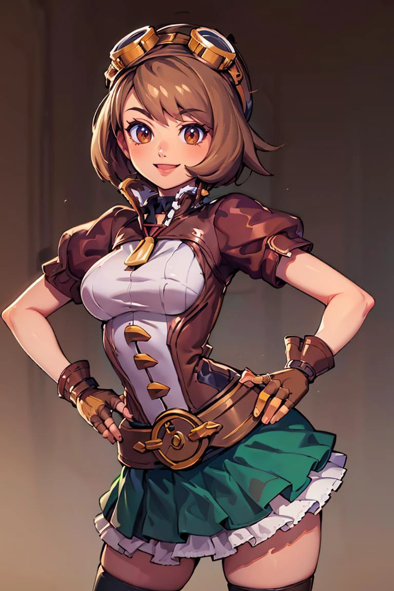 <lora:Bold_CAT:0.5>, ((masterpiece, best quality)), <lora:Gloria_Pokemon:0.8>, gloria (pokemon), brown eyes, brown hair, short hair,( green skirt:1.2),
<lora:Layla_ML_v2:0.7>, solo, 1girl, goggles, goggles on head, gloves, thighhighs, skirt, short sleeves, fingerless gloves, puffy sleeves, brown gloves, puffy short sleeves, solo, smiling, looking at viewer, hand on hip, contrapposto,