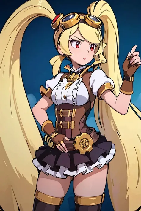 <lora:Alola_Style:0.65>,((masterpiece,best quality)), absurdres, <lora:Layla_ML_v2:0.8>, Layla_ML, solo, 1girl, twintails, blonde, blonde hair, long hair, very long hair, red eyes, goggles, goggles on head, gloves, thighhighs, skirt, short sleeves, fingerless gloves, puffy sleeves, brown gloves, puffy short sleeves,