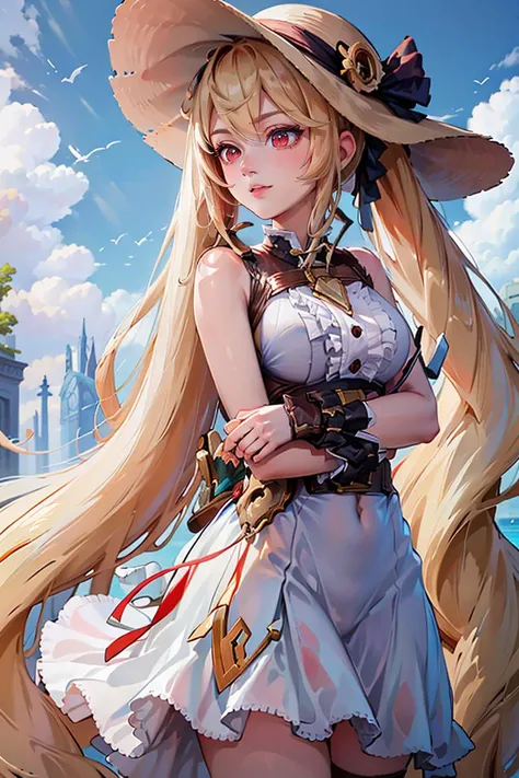 ((masterpiece,best quality)), absurdres, <lora:Layla_ML_v2:0.8>, Layla_ML, solo, 1girl, twintails, blonde, blonde hair, long hair, very long hair, red eyes, white sundress, sun hat, flowing winds, sunny, outdoors,