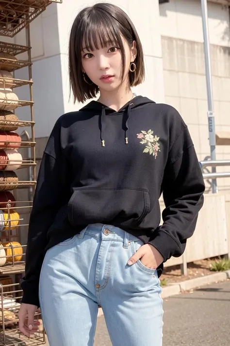 h1keyriina, woman, urban, streets, (day:1.1), RAW,(8k, best quality, masterpiece:1.2),(intricate details:1.4),(photorealistic:1.4),octane render, complex 3d render ultra detailed, studio soft light, rim light, vibrant details, ultra detailed, realistic skin texture, detailed face, beautiful detailed eyes, extremely detailed CG unity 8k wallpaper, makeup, (detailed background:1.2), (cowboy shot:1.2),(hip),(perfect anatomy:1.2),(black hoodie, long jeans:1.2), <lora:h1keyriina-v1:1>