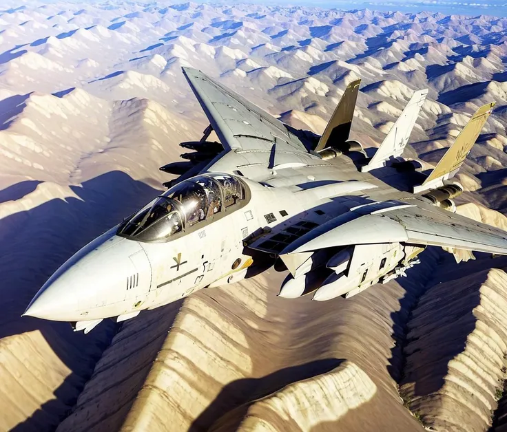 (masterpiece, best quality:1.2), ultra-detailed, F14 Jet, view from top over desert (realistic:1.5), <lora:EdobF14_v1.0:1>