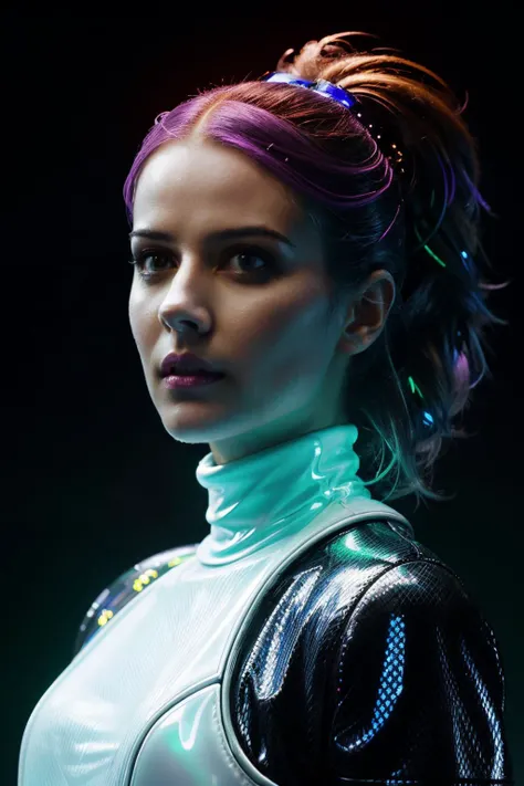 ara in cyber neon lighting, futurism, intricate futuristic jewelry accessories, cyberpunk glossy white latex turtleneck, hyper photorealistic, crispy quality, digital photography, trending in artstation, trending in pinterest, cinematic, 4 k ultra hd, art by pascal blanche, art by greg rutkowski,<lora:AmyAcker-RealVision-V1.0:1>