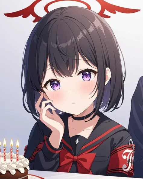 mashiro \(blue archive\),1girl, solo, looking_at_viewer, blush, white_background, simple_background, armband, black_serafuku, depth_of_field, halo, long_sleeves, black_sailor_collar, birthday_cake, blurry_foreground, upper_body, bob_cut, hand_on_own_face, black_choker
<lora:mashiro_(blue_archive)_image575_2023-11-28-000015:1>halo. gorgeous,key visual, vibrant, studio anime,award-winning, professional, highly detailed,high budget, cinemascope