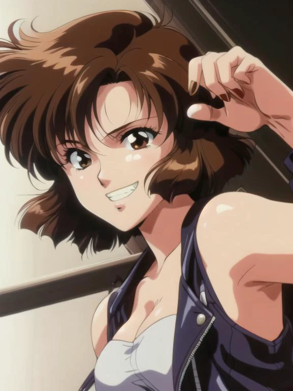 masterpiece, <lora:ReikaChang002:0.7>, <lora:add_detail:0.5>, <lora:noline:0.3>, <lora:boldline:-0.3>, ReikaChang, 1girl, brown hair, short hair, brown eyes, sexy, pose, photoshoot, 1990s style, (long shot: 1.2), leather jacket, grin, detailed face
