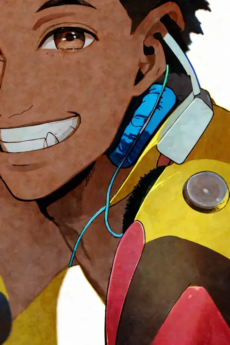 close-up photo portrait of a 25 yo young african man, black short african hair, stubble, brown eyes, excited face expression, headphones, simple background