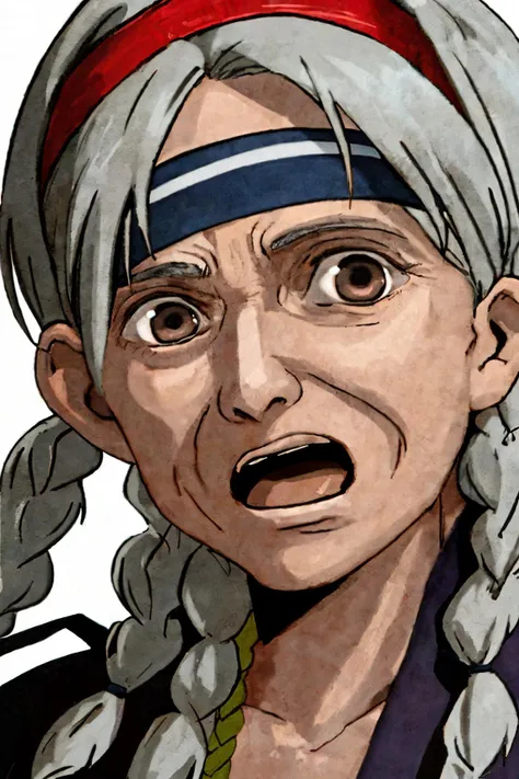 close-up photo portrait of a 90 yo old native american woman, grey hair, brown eyes, screaming face expression, headband, twin braids, simple background