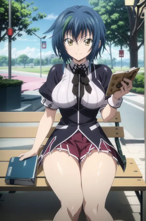 (((picture perfect))), (absurdres), 1girl, <lora:xenovia-dxd-13:0.8>,xenovia quarta,  school uniform, looking at viewer, smile, large breasts, sitting on bench, outdoors, <lora:KuohAcademyUniformV3-000080:0.8> KuohAcademyUniform, holding book,