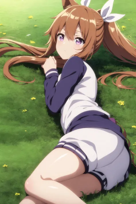 anime screencap, 1girl, solo, long hair, bangs, brown hair, bow, ribbon, animal ears, hair between eyes, brown eyes, closed mouth, purple eyes, jacket, hair ribbon, hair bow, outdoors, lying, blurry, from side, horse ears, grass, on stomach, horse girl, white ribbon, low ponytail, track jacket, on ground, ear covers, ear ornament, on grass, tracen training uniform, single ear cover, admire vega (umamusume)