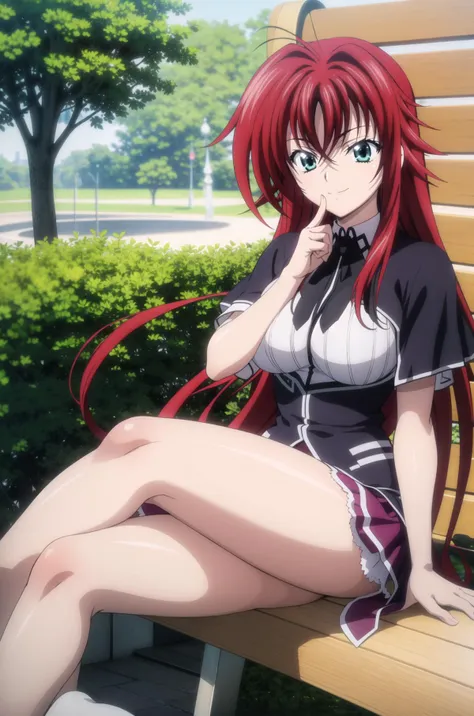 (((picture perfect))), (absurdres), 1girl,  <lora:rias-dxd-14:0.8>, rias gremory, school uniform, looking at viewer, smile, large breasts, sitting on bench, outdoors, <lora:KuohAcademyUniformV3-000080:0.5> KuohAcademyUniform, finger to mouth, hand on lap