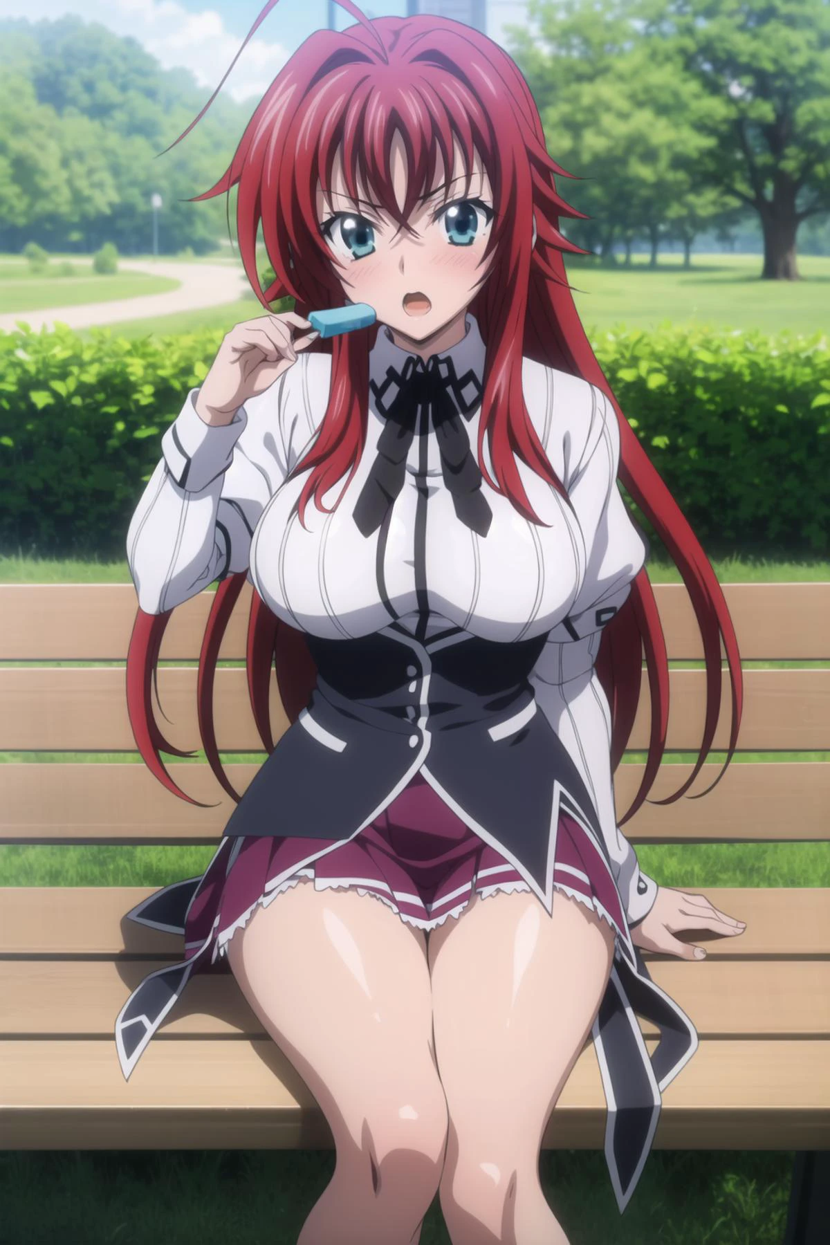 (((picture perfect))), (absurdres), 1girl, <lora:rias-dxd-14:0.8>, rias gremory, school uniform, looking at viewer, open mouth,( large breasts:1.2), sitting on bench, outdoors, <lora:KuohAcademyUniformV3-000080:0.5> KuohAcademyUniform, eating, ice lolly, blush,