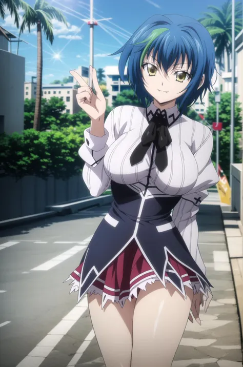 (((picture perfect))), (absurdres), 1girl, <lora:xenovia-dxd-13:0.8>,xenovia quarta,  school uniform, looking at viewer, smile, large breasts, standing,  outdoors, <lora:KuohAcademyUniformV3-000080:0.8> KuohAcademyUniform, sunlight, lens flare, <lora:dxd-style:0.3>