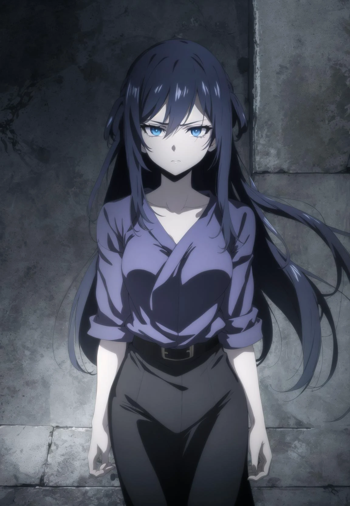 night shot of anime screencap, 1girl. Dark, lit, moody, mysterious