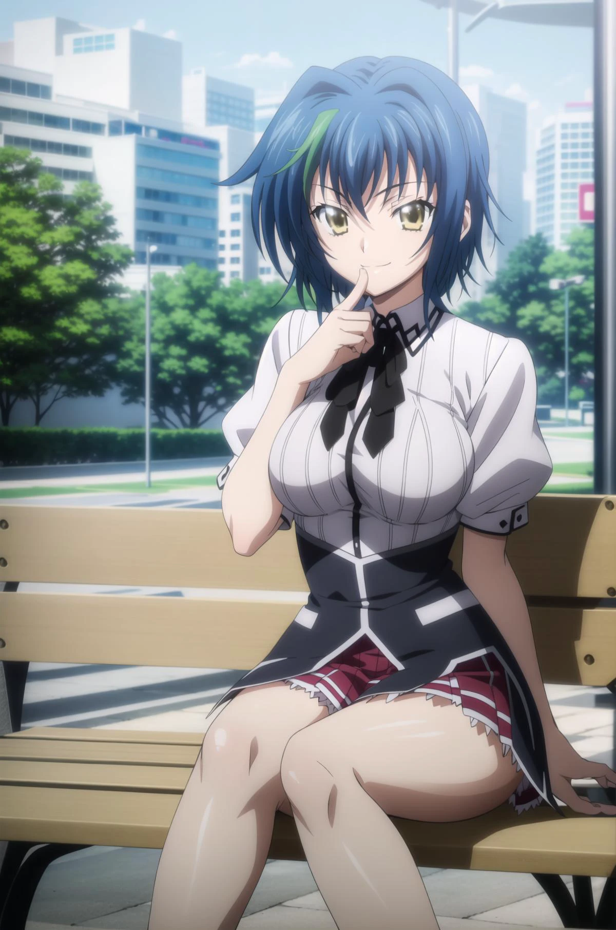 (((picture perfect))), (absurdres), 1girl, <lora:xenovia-dxd-13:0.8>,xenovia quarta, school uniform, looking at viewer, smile, large breasts, sitting on bench, outdoors, <lora:KuohAcademyUniformV3-000080:0.5> KuohAcademyUniform, finger to mouth, hand on lap