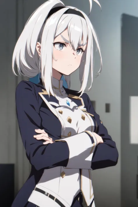 night shot of anime screencap, 1girl, solo, long hair, bangs, multiple girls, 2girls, hair between eyes, closed mouth, school uniform, jacket, monochrome, upper body, ahoge, white hair, grey hair, hairband, from side, grey eyes, swept bangs, crossed arms, thick eyebrows, close-up, low ponytail, dark, anime coloring, asticassia school uniform, suletta mercury, miorine rembran. Dark, lit, moody, mysterious