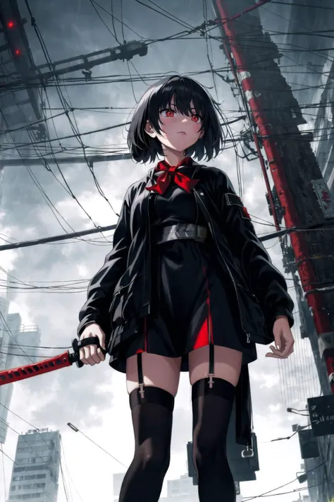 animeR, 1girl, black hair, black legwear, building, city, cityscape, dress, holding, holding weapon, jacket, long sleeves, outdoors, power lines, rain, red eyes, short hair, skyscraper, solo, standing, thighhighs, umbrella, utility pole, weapon, zettai ryouiki <lora:animeRv1:0.6>
