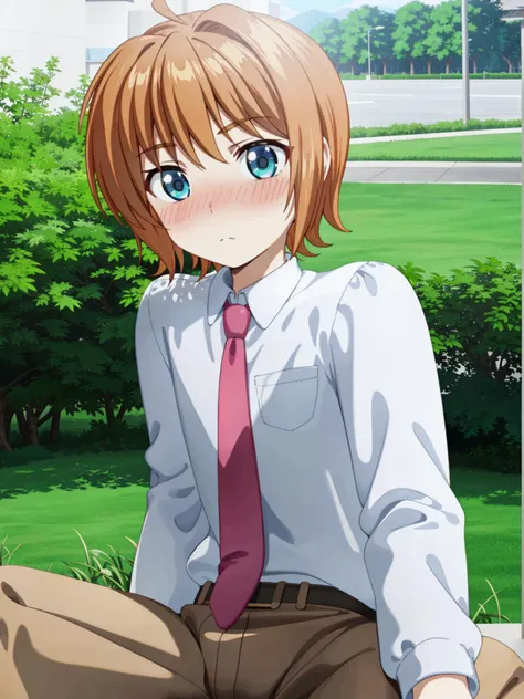 1boy, solo, male focus, <lora:Senpai_2021_LOCON:0.6>, senpaica2021, blue eyes, orange hair, shirt, white shirt, necktie, short hair, spread legs, embarrassed, nose blush, 2000s \(style\), outdoors, grass