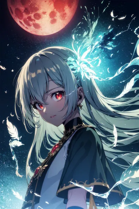 (flat color:1.3),(colorful:1.3),(masterpiece:1.2), best quality, original, extremely detailed wallpaper, looking at viewer, upperbody shot of a girl infused with lightning, fully clothed with blue long robe, highly detailed, extremely detailed, red eyes, electric, red moon, Rays of Shimmering Light, Cinematic Lighting, Matte, Stone, Milky Quartz, Opalite, Jewelry, Silk, Feathers, Water splash, Fog, Electric, Electricity, sparks, lensflare, rim lighting, backlighting, Bracelet, Chromatic Aberration, RTX, Post Processing