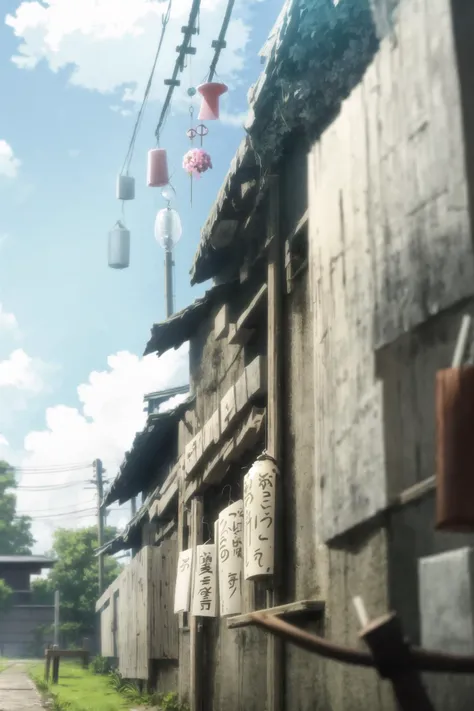 anime screencap, flower, outdoors, sky, day, cloud, blurry, no humans, night, depth of field, blurry background, floral print, cloudy sky, scenery, power lines, utility pole, still life, wind chime