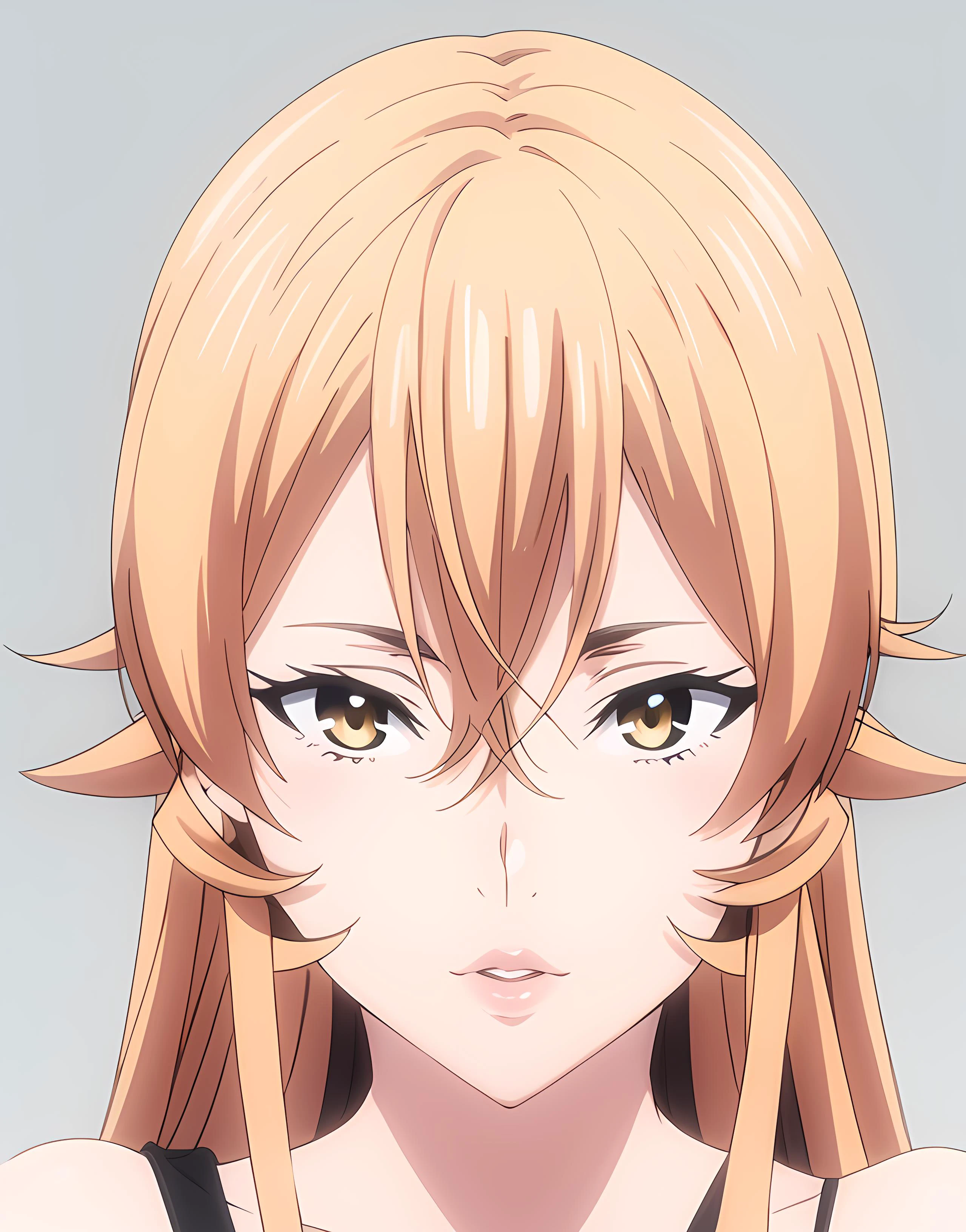 <lora:Erina Nakiri - [Food Wars] - Version 1:0.8> erina, yelow hairs, grey background, lips, long hair, looking at viewer