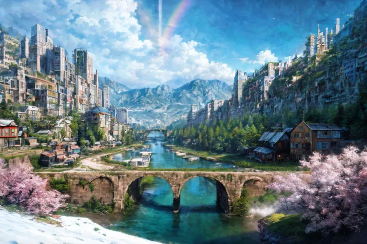 (RAW photo, 8k uhd, Analog style, Masterpiece, Best Quality, Highres:1.4), (dramatic, cinematic:1.2), BREAK,
shot of colorful hyperdetailed fantastic fantasy mysterious magic landscape, above clouds, (medieval elven fantasy (village:1.35), (steampunk:1.05) (peasant:1.15) (robots:1.1) (crowd:1.35), playing (little steampunk (girl:1.25):1.1), (farm:1.31), (lake, (river:1.14):1.15), (bridges:1.4), (waterfalls:1.35), (boat:1.4), (dock:1.1), (cliff:1.35), road, (green:1.05) valley, (flowers:1.2), (maple trees:0.65), (green:1.05) (fields:1.3), (fences:1.3), (snowy:1.17) (pines:1.1), (pink:1.0) (flowering tree:1.12):1.22), BREAK,
((mountains:1.22), (futuristic:1.15) (overgrown:1.27) (skyscrapers:1.53) (ruins:1.35), (market, water wheel, castle:1.14), (colorful houses:1.2), birds, stairs, spaceport, ((bright morning sun daylight:1.05) rainbow pure (blue:1.05) sky, glowing:1.05), starry, crescent, meteor, ((fluffy cloud:1.2), godrays, light particles:1.05), various seasons, steam, smokes:1.2), BREAK,
(photorealistic:1.2), (intricate:1.3), (light theme:1.3), (inspiring joyful atmosphere:1.2), (fabulous, fantasy, mysterious, science fiction, post-apocalypse, incredible, amazing, happy, sunny, pastoral:1.2), (hyperdetailed, absurdres:1.2), (colorful, saturated:1.4), colorful lighting, BREAK,
<lora:more_details:1>,