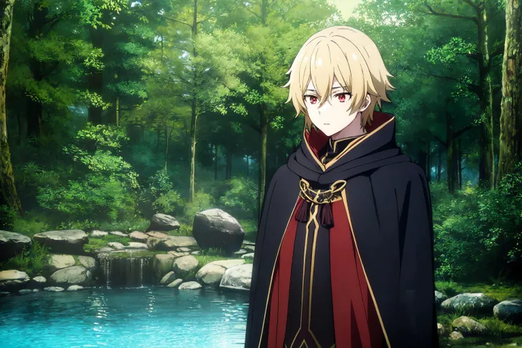 anime screencap, 1boy, blonde hair, red eyes, simple black hooded cloth cloak, forest, stone pool, magical waters