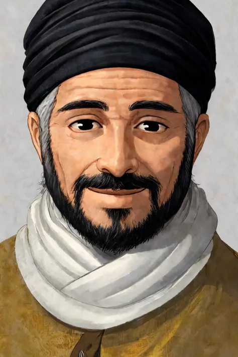 close-up photo portrait of a 60 yo aged Arab man, short grey hair, beard, black eyes, joyful face expression, turban, simple background