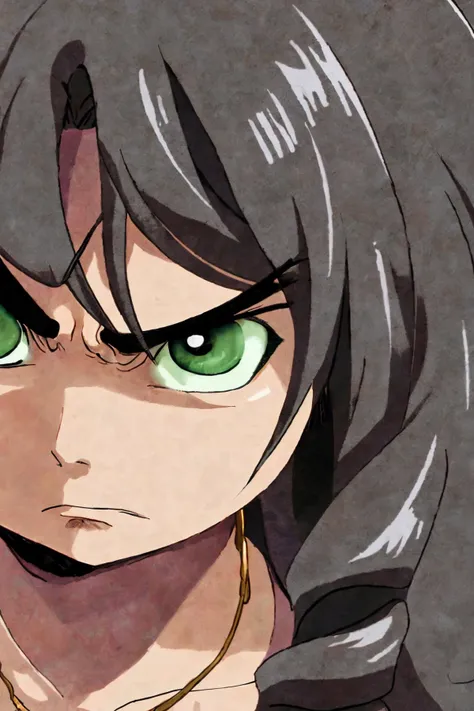 close-up photo portrait of a 40 yo samoan woman, black long curly hair, green eyes, angry face expression, necklace, simple background