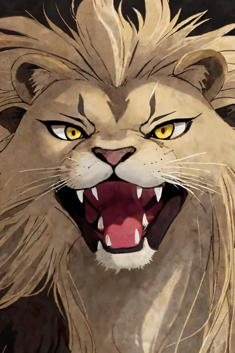 close-up photo portrait of a great lion, yellow eyes, very long lion's mane, roaring, open mouth, fangs, animal, no humans, simple background