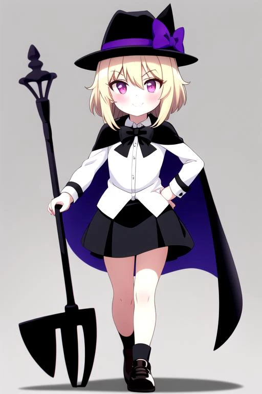 1girl, 
solo, glowing, purple eyes, blonde hair, cape, long sleeves, brown footwear, holding, simple background, shirt, hat bow, looking at viewer, standing, black hat, collared shirt, closed mouth, short hair, hand on own hip, bow, blush, skirt, hair between eyes, full body, glowing eyes, shoes, white bow, grey background, black skirt, black cape, white shirt, hat, smile, shovel