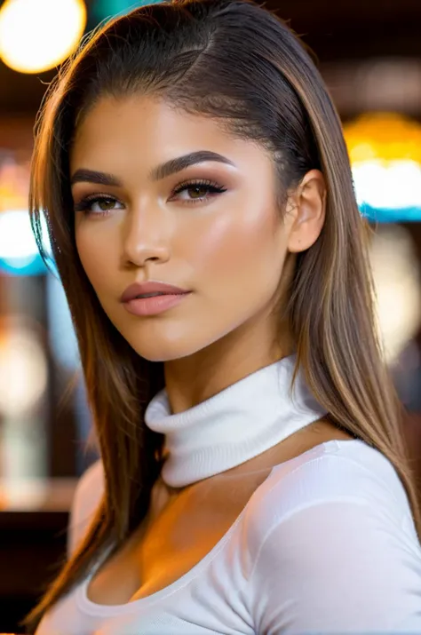 photo of extremely sexy Zen_daya , a woman as a sexy student, (closeup portrait), long middle parted straight hair, (white tight long sleeve turtleneck top), at a cantina sitting bar (masterpiece:1.5) (photorealistic:1.1) (bokeh) (best quality) (detailed skin texture pores hairs:1.1) (intricate) (8k) (HDR) (wallpaper) (cinematic lighting) (sharp focus), (eyeliner), (painted lips:1.2) <lora:ZendayaXL:1> <lora:add-detail-xl:1>