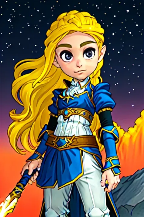 1girl,,<lora:TFM_Chibi_Zelda:0.6> standing on top of a large rock, flaming sword, starry sky, shooting stars, wearing armor